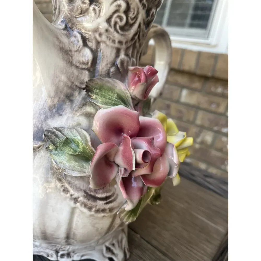 Capodimonte Porcelain Flower Pitcher With Lid Made In Italy. Pink Flower Is Chip